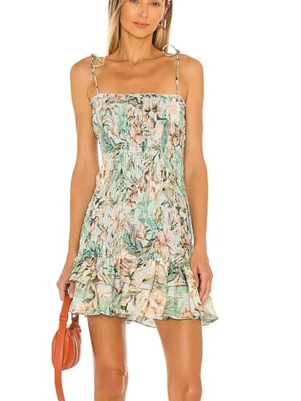 Significant Other Smocked Pastel Floral Mini Dress Ruffle Hem Bow Strap Bodycon